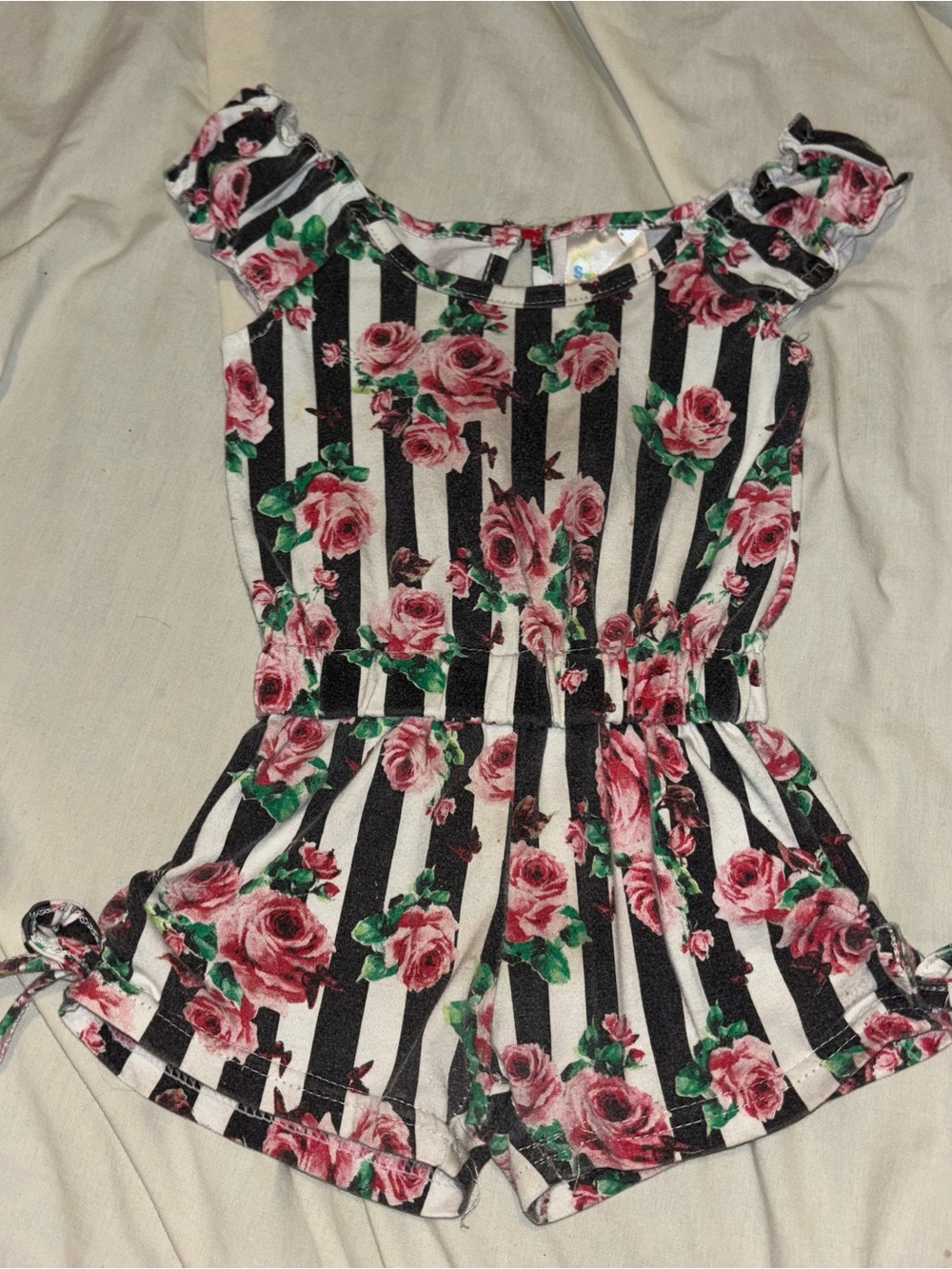 Girls Black & White Striped Romper with Pink Rose Print